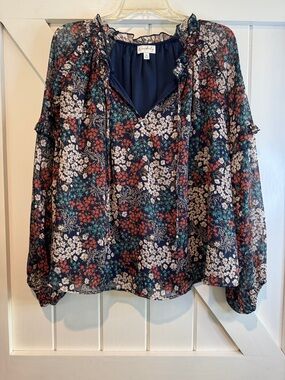 Wonderly Navy Floral Ruffle Tie-Neck Blouse